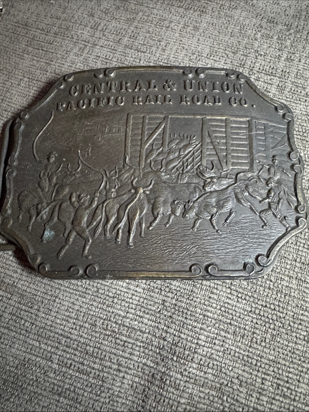 Vintage 1970s Tiffany Studio Central & Union Pacific Railroad Brass Belt Buckle